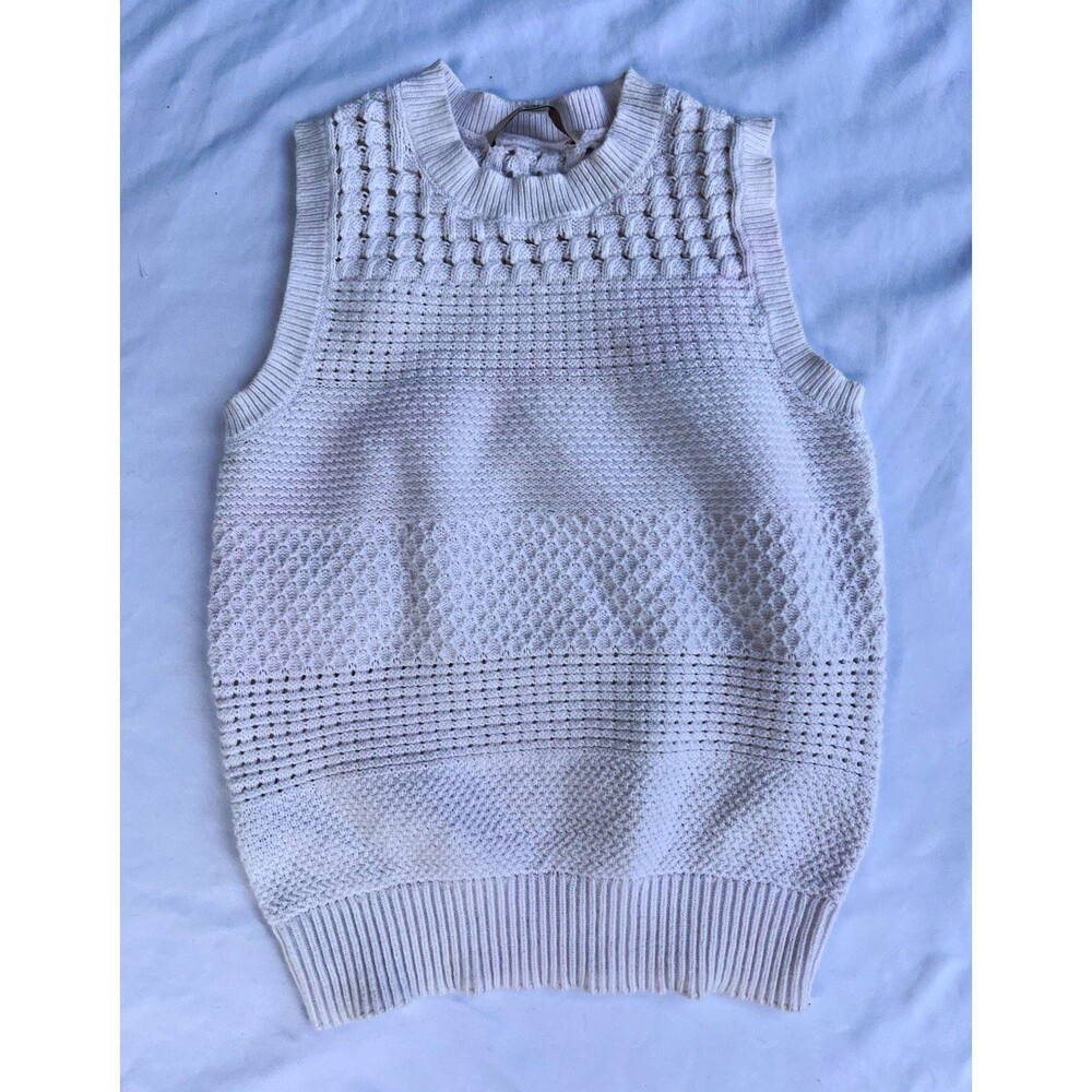 LOFT Women's White Cotton Knit Sweater Vest Crew Neck Solid Sleeveless S